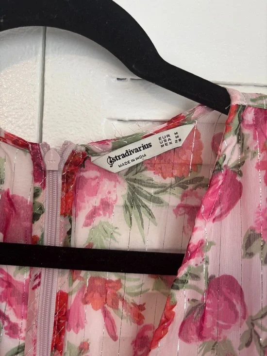 Stradivarius Pink Floral Midi Dress β Puff Sleeves Feminine Chic - Picture 5 of 14